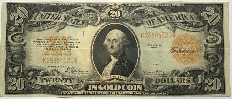 (image for) 1922 $20 Gold Certificate In Gold Coin Note Washington Large Sil - Click Image to Close
