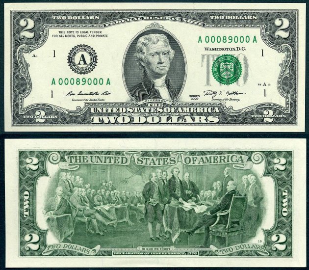 (image for) 2009 $2 Two Dollar Federal Reserve Note UNC - Click Image to Close