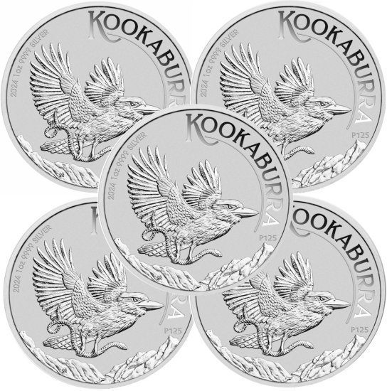 (image for) Lot of 5 - 2024 1 oz .999 Fine Silver Australian Kookaburra $1 Coin BU - In Capsule - Click Image to Close