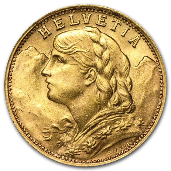 (image for) Swiss Gold 20 Francs Helvetia .1867 oz of Gold Avg - Random Year - Click Image to Close