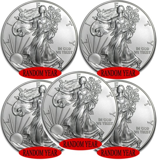 (image for) Lot of 5 - Random Year 1 oz American .999 Fine Silver Eagle Coins BU - Click Image to Close