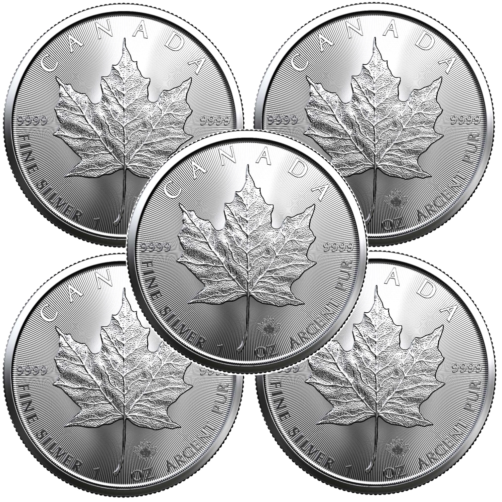 (image for) Lot of 5 - 2024 1 oz Canadian .9999 Fine Silver Maple Leaf $5 Coin BU - Click Image to Close