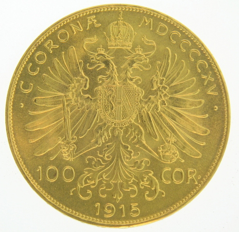 (image for) 1915 100 Corona Gold Austrian/Hungarian Coin .9802 oz Fine Gold - Click Image to Close
