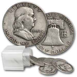 (image for) Franklin Halves 90% Silver 20 Coin Roll $10 Avg. Circ. - Click Image to Close