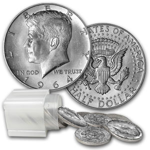(image for) 1964 Kennedy Halves $10 90% Silver 20 Coin Roll Avg. Circ - Click Image to Close