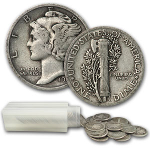 (image for) Mercury Dimes 90% Silver 50 Coin Roll $5 Face Value Avg. Circ. - Click Image to Close