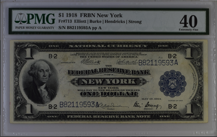 (image for) 1918 $1 Dollar FRBN New York Fr-713 PMG 40 Extremely Fine - Click Image to Close