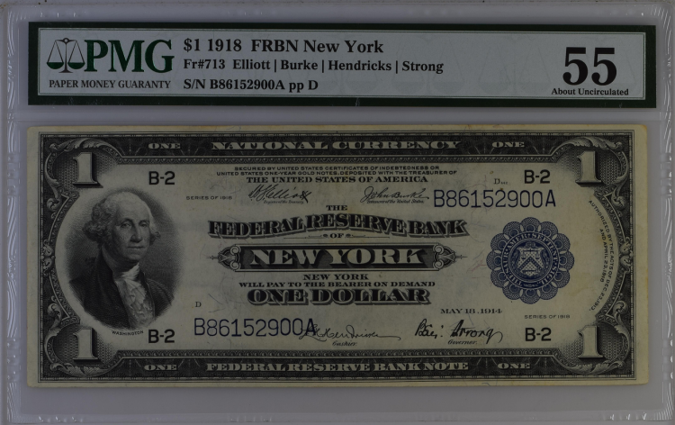 (image for) 1918 $1 Dollar FRBN New York Fr-713 PMG 55 About Unc - Click Image to Close