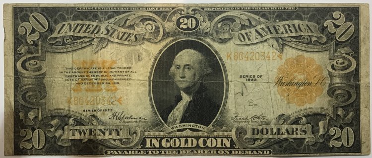 (image for) 1922 $20 Gold Certificate In Gold Coin Note Washington Large Sil