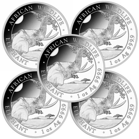 Lot of 5 - 2023 1 oz .999 Fine Silver Somalian African Elephant Coin BU