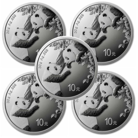 Lot of 5 - 2023 30 Gram Silver Chinese Panda Coin In Capsule