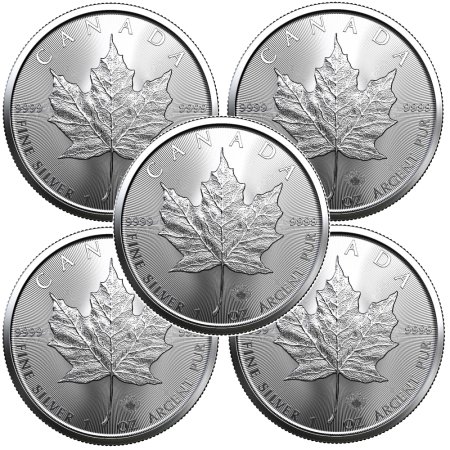 Lot of 5 - 2023 1 oz Canadian .9999 Fine Silver Maple Leaf $5 Coin BU