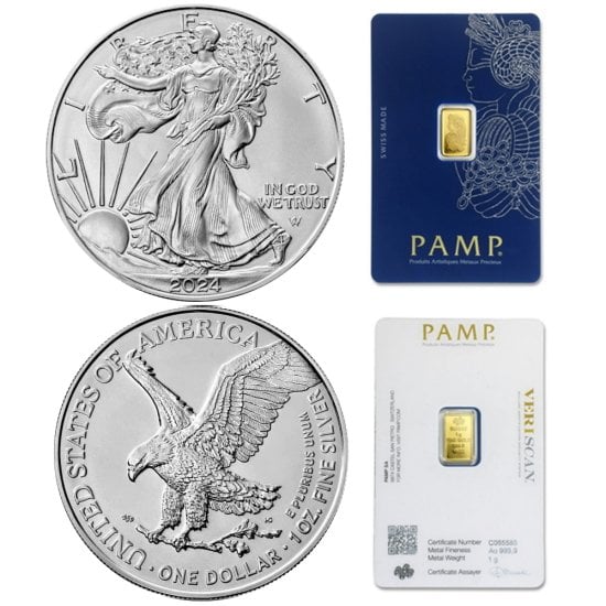 (image for) 2024 American Silver Eagle 1 oz & Pamp Suisse 1 gr 9999 Gold Bar - Click Image to Close