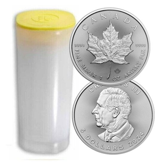 (image for) Roll of 25 - 2024 1 oz Canadian .9999 Fine Silver Maple Leaf $5 Coin BU - Click Image to Close