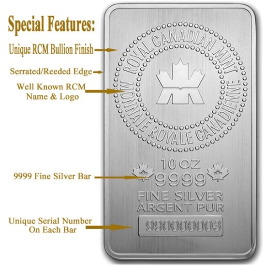 (image for) 10 oz RCM Silver Bullion Bar 9999 Fine Silver - Click Image to Close