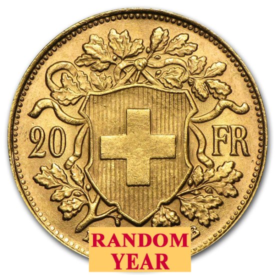 (image for) Swiss Gold 20 Francs Helvetia .1867 oz of Gold Avg - Random Year - Click Image to Close