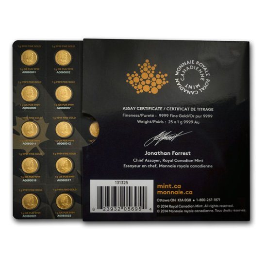 (image for) 2023 25x 1 Gram Gold Maple Leafs - Maplegram25™ In Assay Sleeve - Click Image to Close