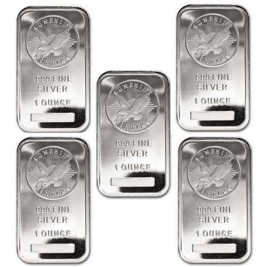 (image for) Lot of 5 - 1 oz Sunshine Minting Silver Bar .999 Fine Silver - Sealed - Click Image to Close