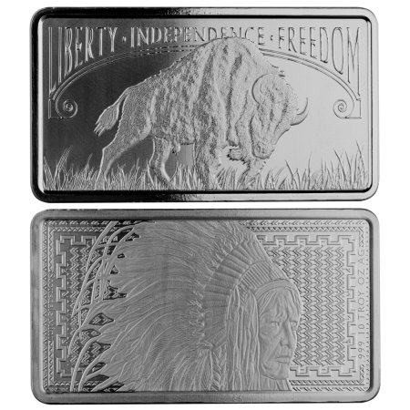 10 oz. .999 Fine Silver Liberty Trade Silver Buffalo Bar