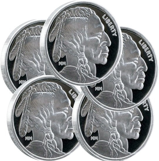 (image for) Lot of 5 - 1 oz .999 Fine Silver Buffalo Round - Mason Mint (MM) - Click Image to Close