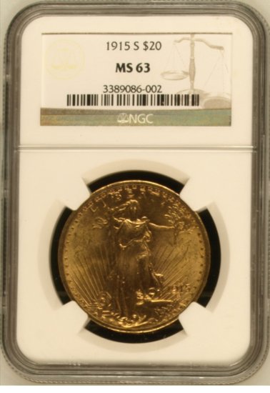 (image for) 1915-S $20 NGC MS-63 Gold Double Eagle Saint Gaudens Coin - Click Image to Close