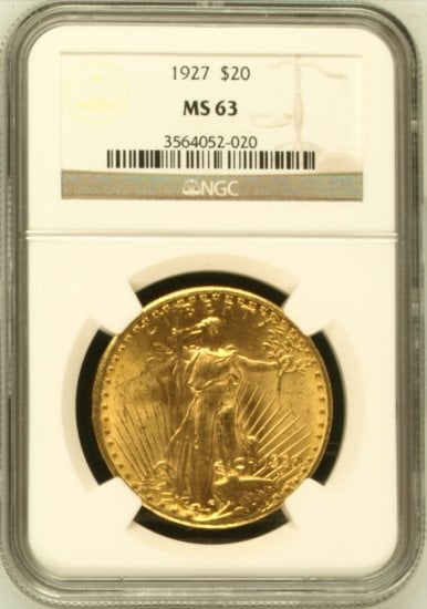 (image for) 1927 $20 NGC MS-63 Gold Double Eagle Saint Gaudens Coin - Click Image to Close