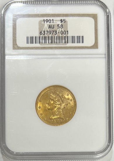 (image for) 1901 NGC AU58 $5 Gold Eagle Liberty Coin - Click Image to Close
