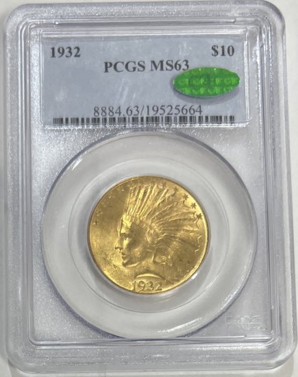 1932 $10 Gold Indian Head Eagle Coin PCGS MS63 CAC [PCGS CERT