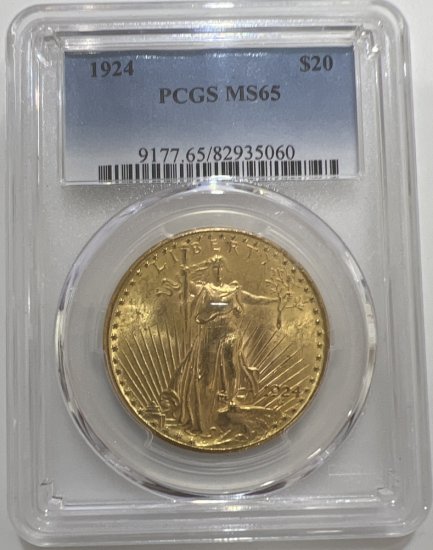 (image for) 1924 $20 Gold Saint Gaudens PCGS MS65 Gem Graded Philadelphia Double Eagle Coin - Click Image to Close