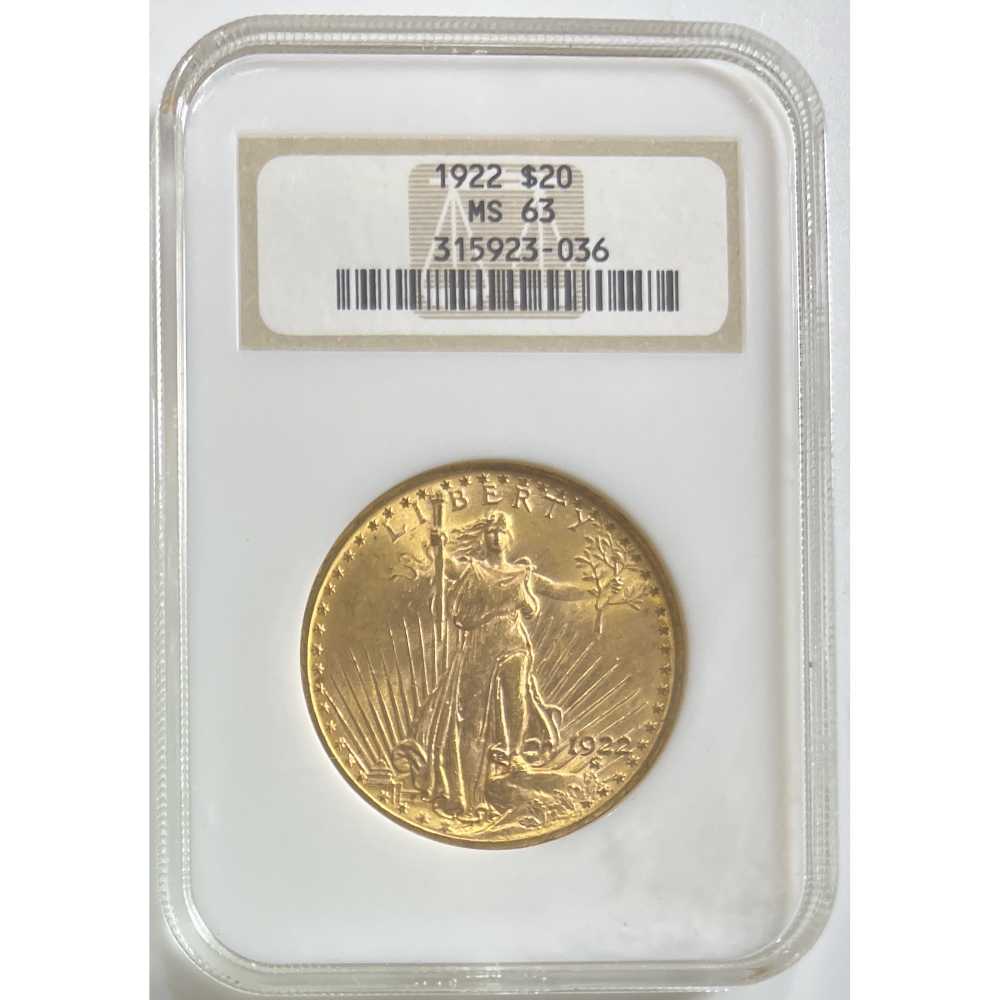 1922 $20 NGC MS-63 Gold Double Eagle Saint Gaudens Coin [DEG-$20 