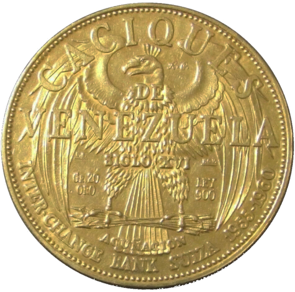 (image for) 1955-60 Caciques 20 Grams De Venezuela GUAICAIPURO Gold Coin - Click Image to Close