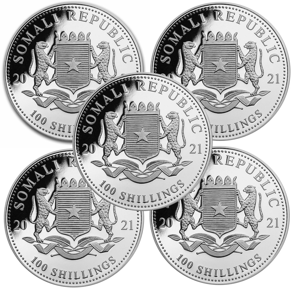 (image for) Lot of 5 - 2023 1 oz .999 Fine Silver Somalian African Elephant Coin BU - Click Image to Close
