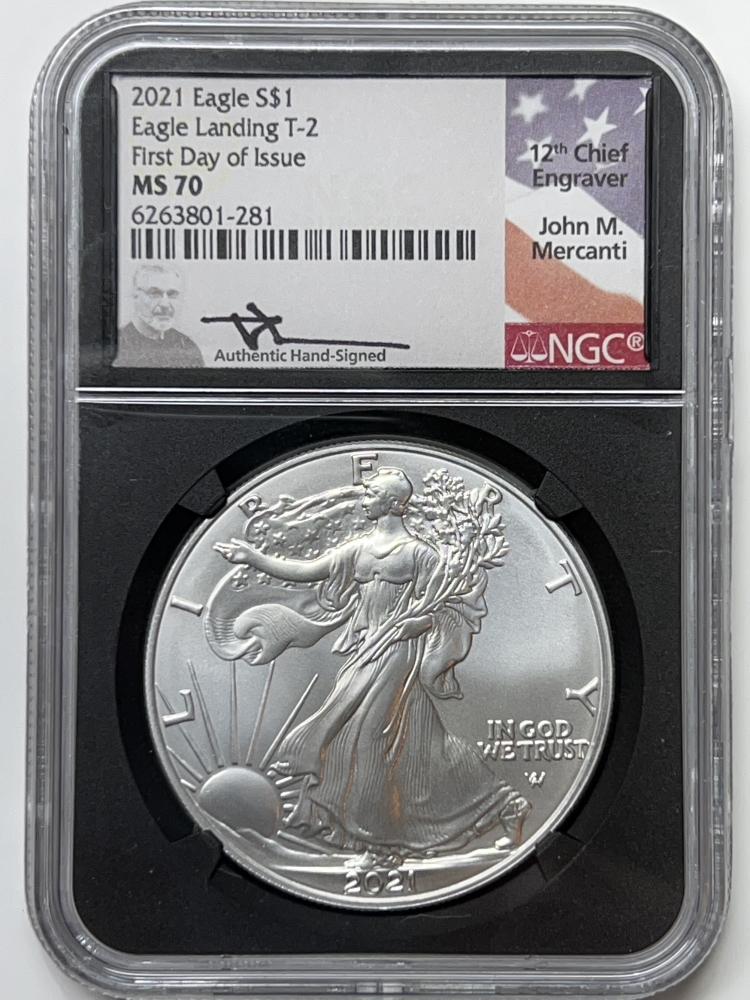 2019 W Burnished Silver Eagle  First Releases MS70 Hand Signed J M Mercanti 