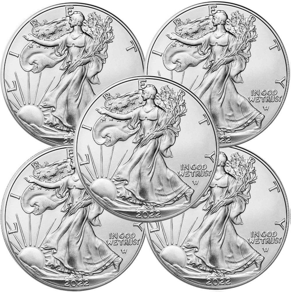 Lot of 5 - 2022 1 oz .999 Fine Silver American Eagle Coins BU