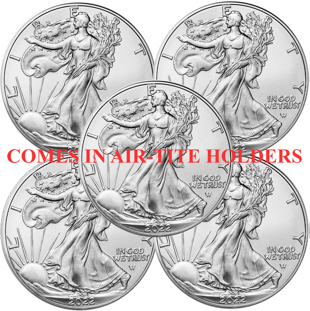 Lot of 5 - 2022 1 oz 999 Fine Silver American Eagle Coin BU - AT