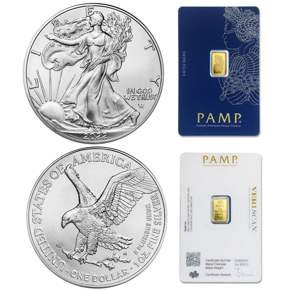 2022 American Silver Eagle 1 oz & Pamp Suisse 1 gr 9999 Gold Bar