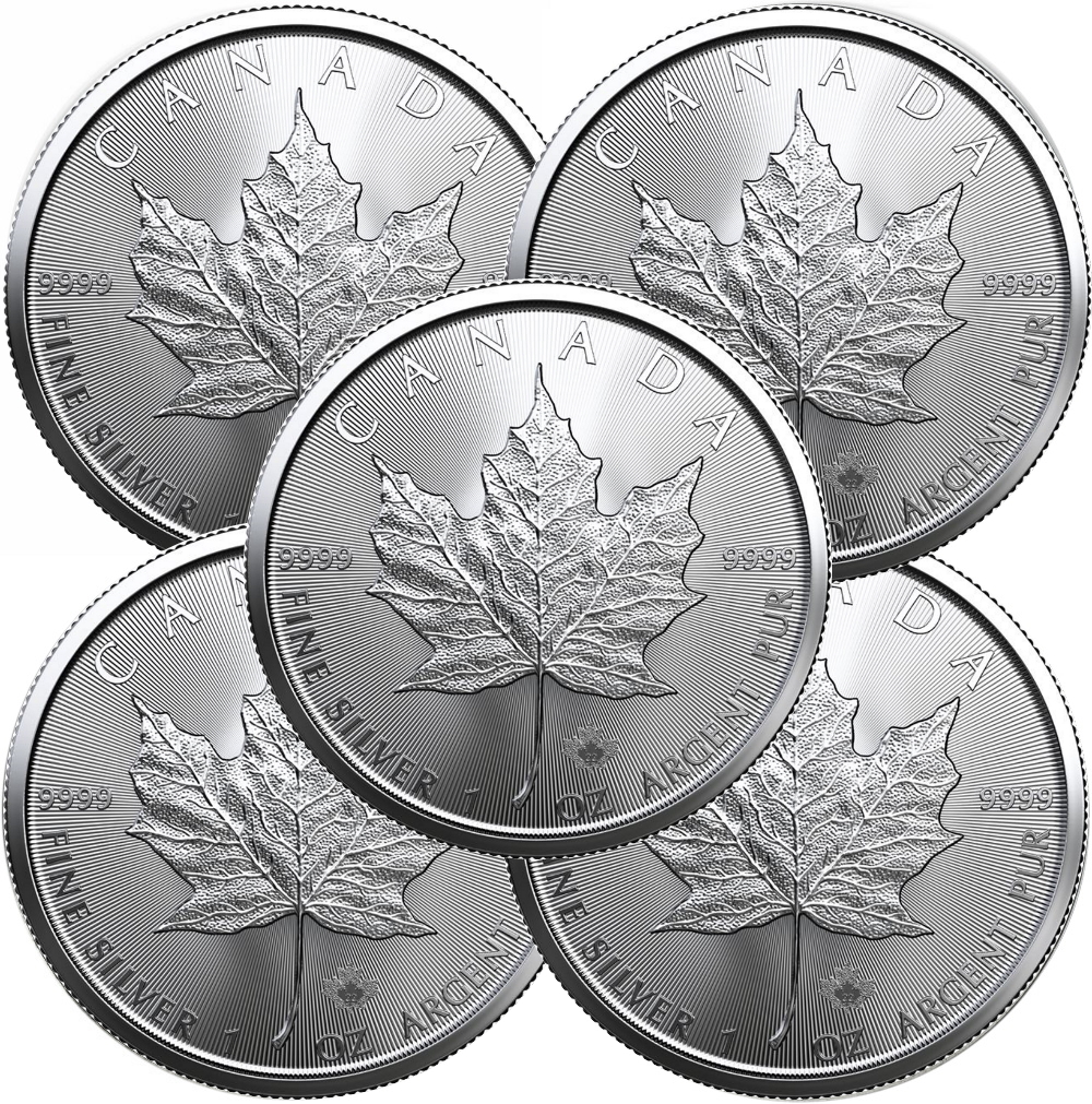 Lot of 5 - 2022 1 oz Canadian Silver Maple Leaf Coin 9999 Silver