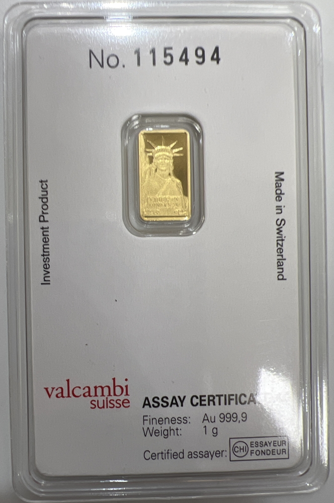 1 gram Credit Suisse Statue of Liberty Gold Bar .9999 Fine In Assay 