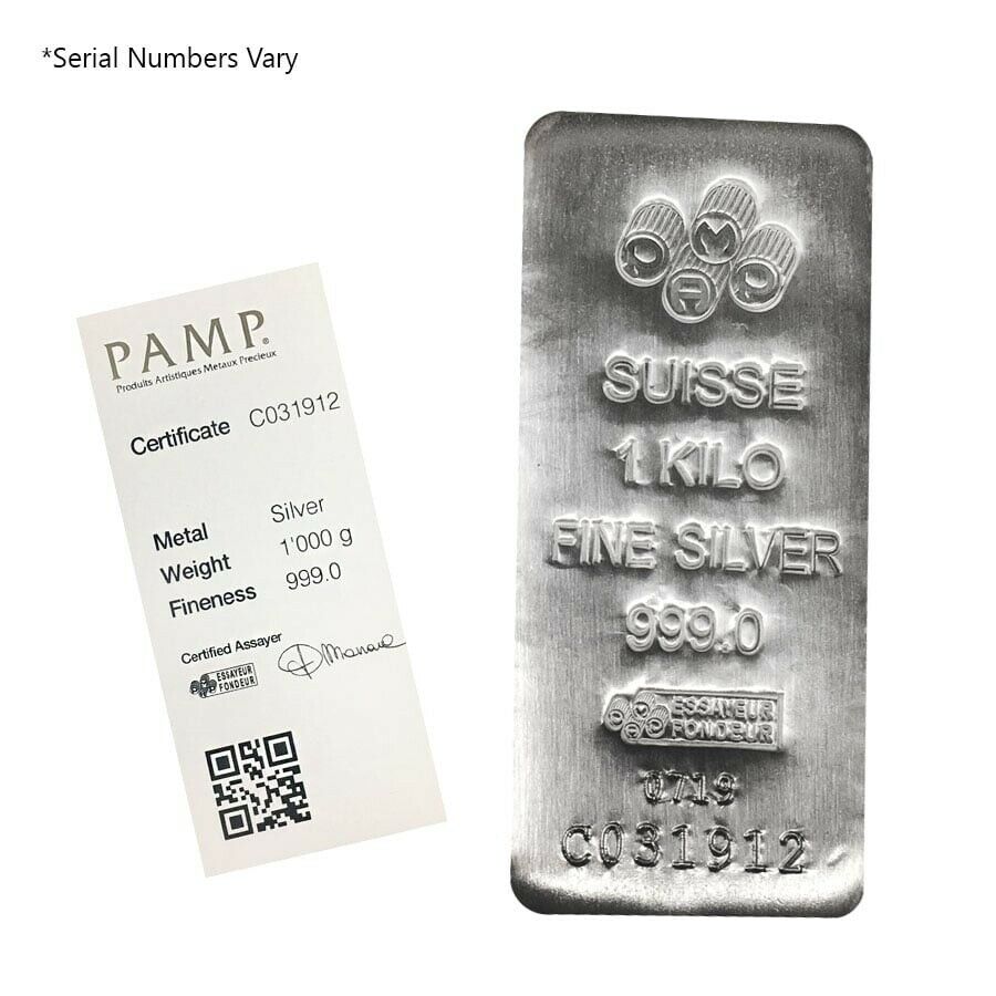 (image for) PAMP Suisse 1 Kilo 32.1 oz Silver Cast Bar .999 Fine -Assay Card - Click Image to Close