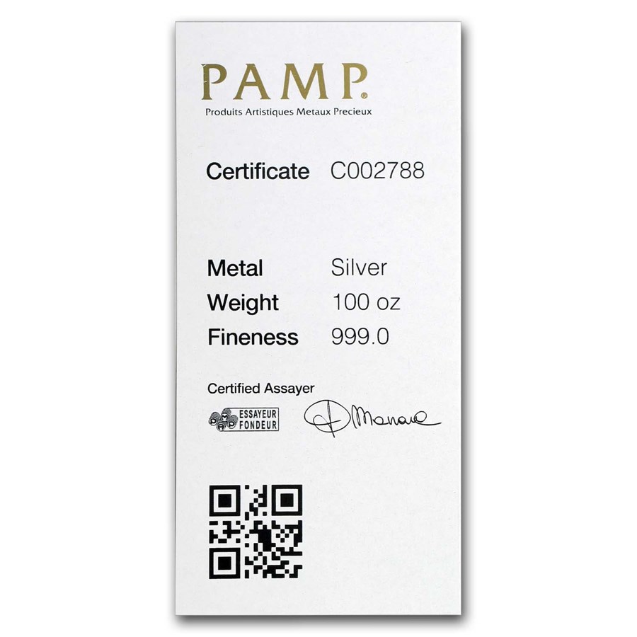 (image for) 100 oz PAMP Suisse Silver Cast Bar .999 Fine Silver -Assay Card - Click Image to Close