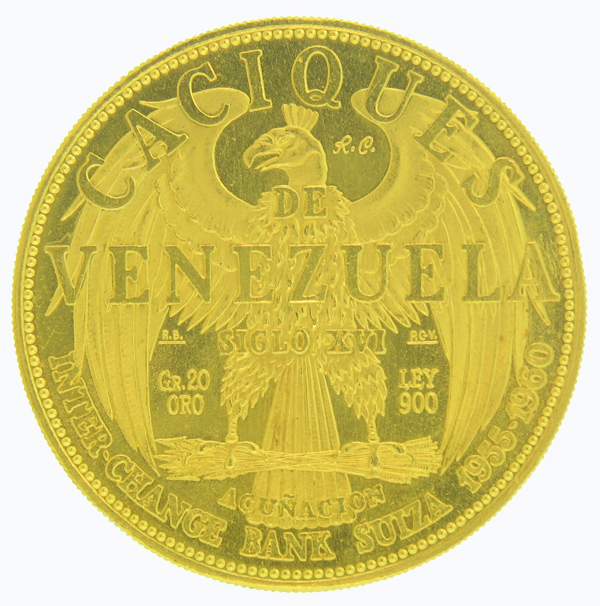 (image for) 1955-60 Caciques 20 Grams De Venezuela URIMARE Gold Coin - Click Image to Close