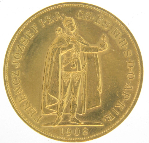(image for) 1908 100 Corona Gold Austrian/Hungarian Coin .9802 oz Fine Gold - Click Image to Close